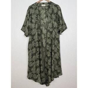Kantha Bae Open Front Green Leaf Print Kimono Duster Lightweight Flowy Boho OS